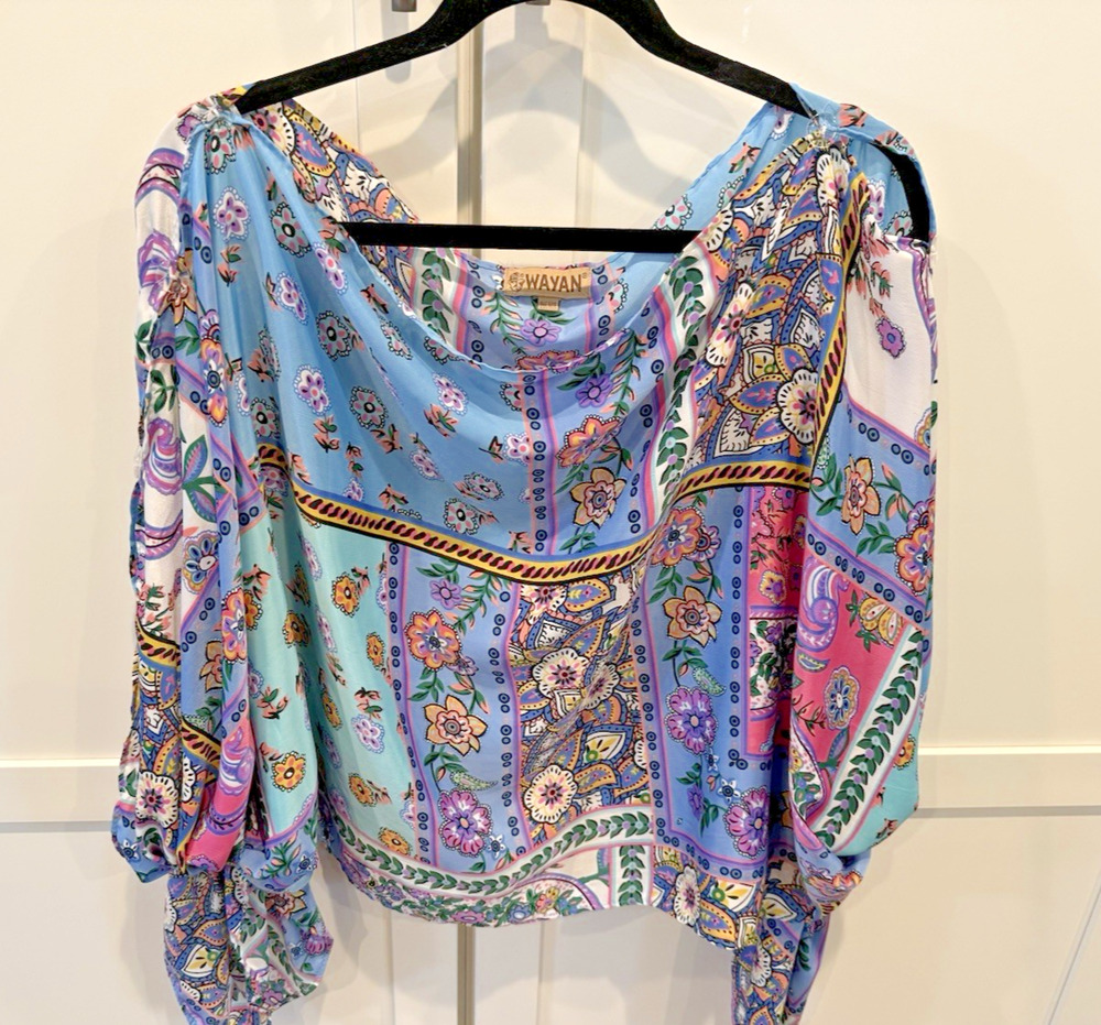 Wayan Boho Paisley Floral Top Silky Tunic Open Sleeve Blue Pink Green OS Resort